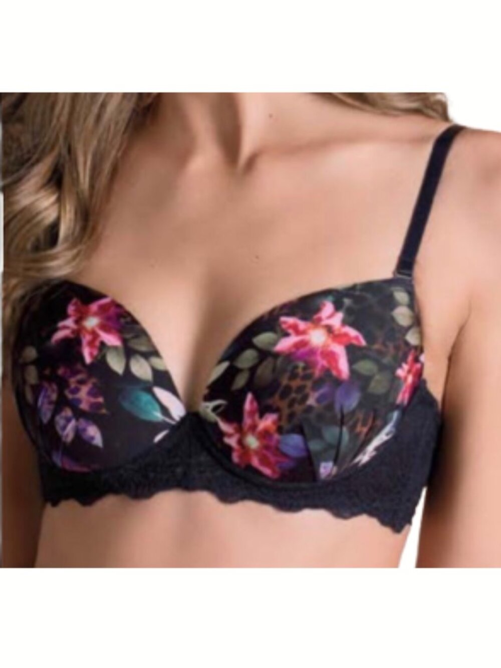 Laura Colombian Lingerie Wired Bra 36B Black Floral‎ Natural Enhancer Mesh Sheer
